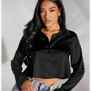 Love Tree Black Cropped Satin Button-Down Shirt